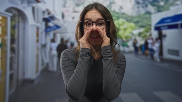 Woman wearing glasses cupping hands around mouth shouting on street sidewalk by storefronts and a crosswalk while leaning forward; urgency alert.