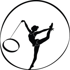 Rhythmic gymnastics silhouette vector icon, female gymnast performing a graceful balance pose with a hoop or ribbon in a circular frame, dance and sport illustration. © AtikurRahman