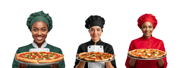 Positive female chef holding a tray with pizza isolated on transparent background