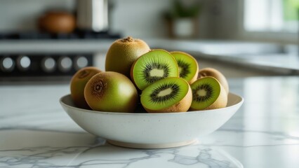 Vibrant Kiwi Fruit Halves and Whole in a Bowl, Kitchen Countertop Setting