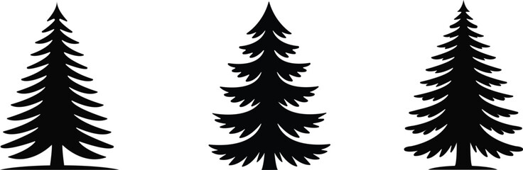 Stunning collection of three distinct black silhouette pine tree icons perfect for nature designs and winter branding projects