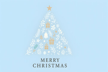 A modern and elegant illustration featuring a stylized Christmas tree composed of small white and gold festive elements like leaves, gifts, bells, and snowflakes, set against a solid light blue backgr