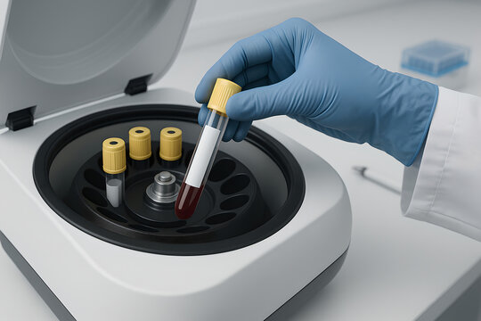 Photorealistic 3D lipid panel (lipid profile) test, close-up of nurse&rsquo;s gloved hands drawing blood from the antecubital vein using a vacutainer needle and holder