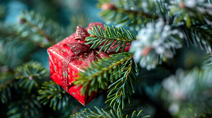 Festive glittery present ornament nestled in green pine branches, symbolizing holiday spirit, Christmas celebration, and winter decoration.
