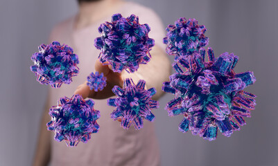 Abstract and conceptual image featuring virus molecules with a hand and person. Ideal for scientific or medica