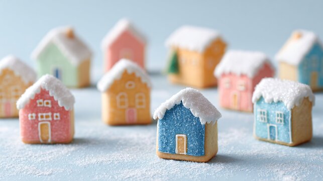 Sugar cookies shaped like tiny houses on pale ice-blue background, wintry mood with clean copy space - Powered by Adobe