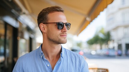 Man wearing sunglasses standing outdoors at a caf?.
