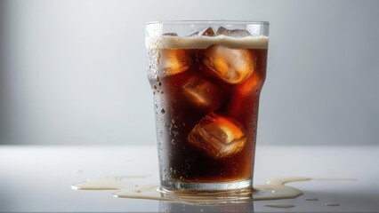 Iced Dark Drink in Glass, Dripping and Sparkling Ice Cubes