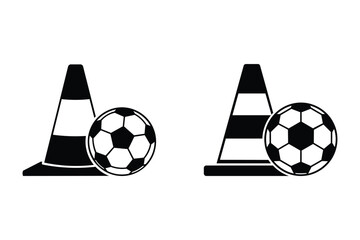 soccer ball and training cone icons black silhouette vector set