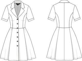 Technical flat sketch of short sleeve button-down dress, notched collar, flared skirt, front and back views, fashion design, garment construction