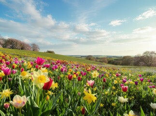 Obraz premium Bright Spring Meadow with Colorful Tulips and Daffodils under Sky