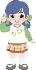 Illustration of a young girl with blue hair and a green and white shirt, smiling and pointing upwards, dressed in a plaid skirt and white shoes