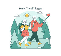 Senior Vloggers Enjoying Hiking Adventure Vector Illustration