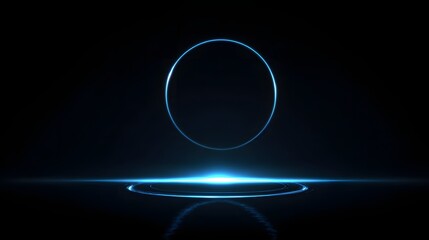 Futuristic glowing blue circular platform illuminated by dramatic spotlight in dark sci-fi technological environment