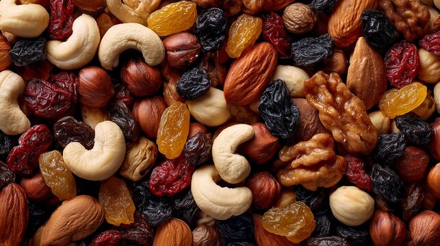 Close up shot of mixed nuts and dried fruits, a healthy and nutritious snack. Concept for trail mix, healthy eating and vegetarian diet