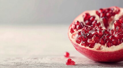 Close-up of a halved pomegranate showing vibrant red seeds, set on a rustic wooden surface
