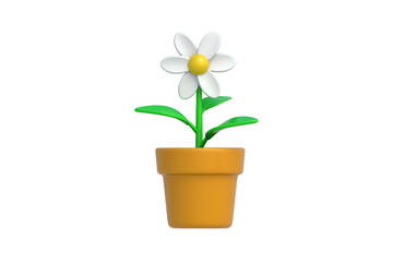 A flower planted in a pot isolated on white background. Decorative plant. Front view. 3d render