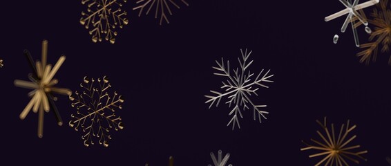 Elegant abstract design featuring gold and silver snowflakes against a dark purple background. Perfect for winter holida