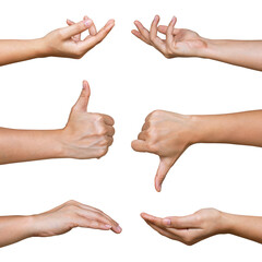 Man hands showing and different gestures isolated on white background with Clipping path included