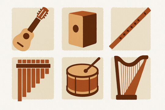 Peruvian musical instrument icon set flat vector illustration with traditional motifs in clean grid layout
