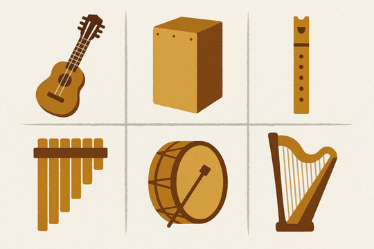 Peruvian musical instrument icon set flat vector illustration with traditional motifs in clean grid layout
