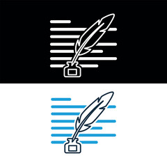 Minimalist quill pen and inkwell icon design isolated on Black & white background