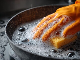 Hand in orange glove scrubbing frying pan with yellow sponge and soap foam in kitchen sink