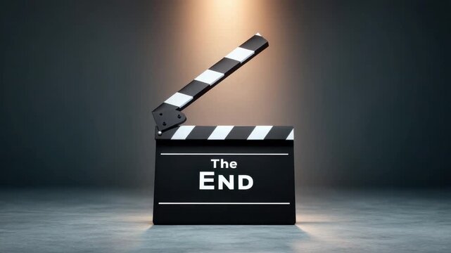 Film Clapperboard Symbolizing Conclusion with Soft Spotlight in Dark Background 4k video footage