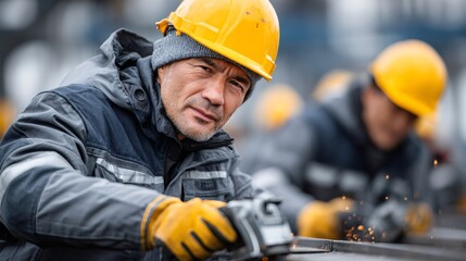 Construction worker grinding metal with sparks flying