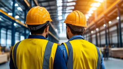 Engineers inspecting manufacturing factory with hard hats and vests
