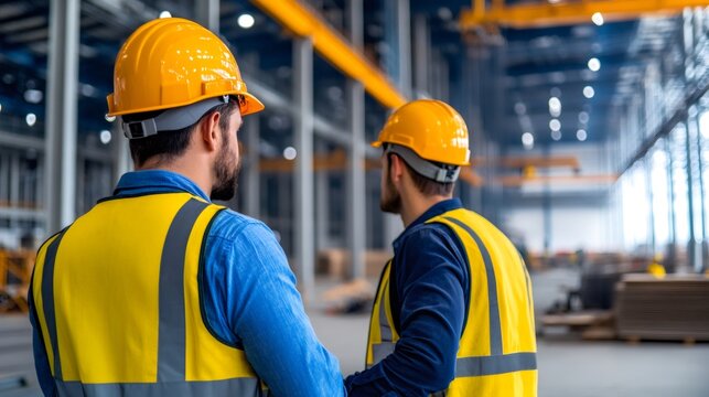 Engineers in safety vests working inside an industrial warehouse - Powered by Adobe