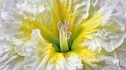Close-up of a hibiscus flower with ruffled white petals and bright yellow center