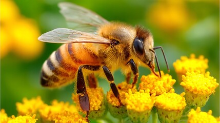 Close-up of a honeybee collecting nectar from vibrant yellow flowers, blurred green background