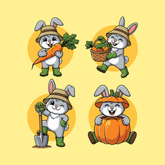Naklejka premium Cute cartoon farmer rabbit holding big carrot harvest on yellow background