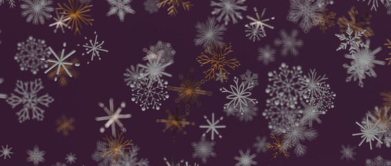 Abstract snowflake pattern in white and gold on a dark purple background. Perfect for holiday design, winter t