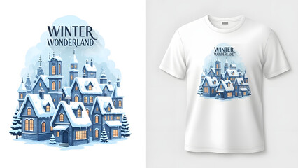 Whimsical winter village scene with snow covered houses and trees