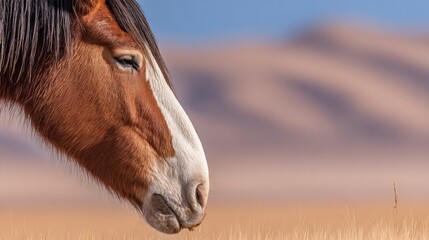 Close-up of a horse's head; brown and white markings against blurry desert background