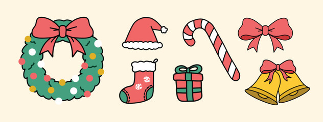 Christmas Doodle Elements Vector Set - Wreath, Bells, Stocking, Candy Cane, santa hat, gift box, and ribbon