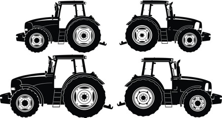 Silhouette tractors set, agricultural farm vehicles illustration, heavy machinery design, black tractor icons collection, farming equipment graphic, rural industry transportation symbols