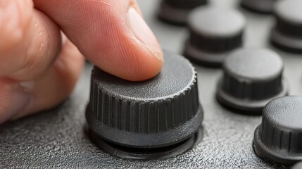 Close-up of a human finger manipulating a round black control dial on a panel