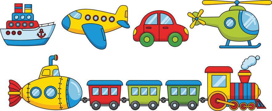 Cute cartoon transportation vector set with ship airplane car helicopter submarine and train for kids illustration