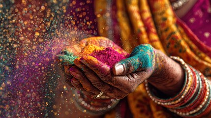 Fototapeta premium Indian woman hands releasing Holi pigments, colorful dynamic powder trails, cultural festivity and vibrant seasonal renewal