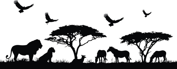 African savanna wildlife silhouette featuring lions, zebras, antelope, birds of prey, and acacia trees.