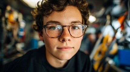 Young man wearing glasses in a workshop setting.
