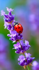 Close-up of a ladybug on vibrant purple lavender flowers, captured in natural lighting