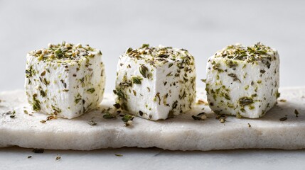 Minimalist layout of herb-coated goat cheese on pale stone, clean and refined