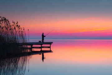 Solitary Man Fishing on a Wooden Pier at Sunset with Vibrant Pink and Orange Sky Reflected on Calm Water