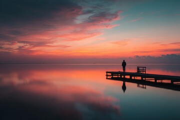 Solitary Man Fishing on a Wooden Pier at Sunset with Vibrant Pink and Orange Sky Reflected on Calm Water