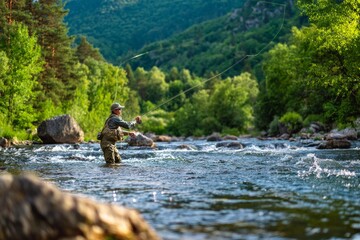 Man Fly Fishing in Scenic Mountain River Surrounded by Lush Green Forest and Rocky Landscape