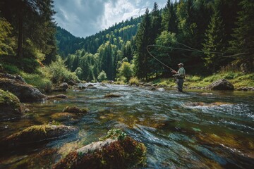 Man Fly Fishing in Scenic Mountain River Surrounded by Lush Green Forest and Rocky Landscape